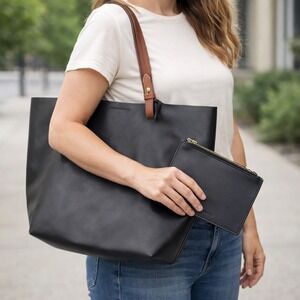Fossil Black Rubber Feel Tote Bag Brown Leather Straps Zip Pouch 2021